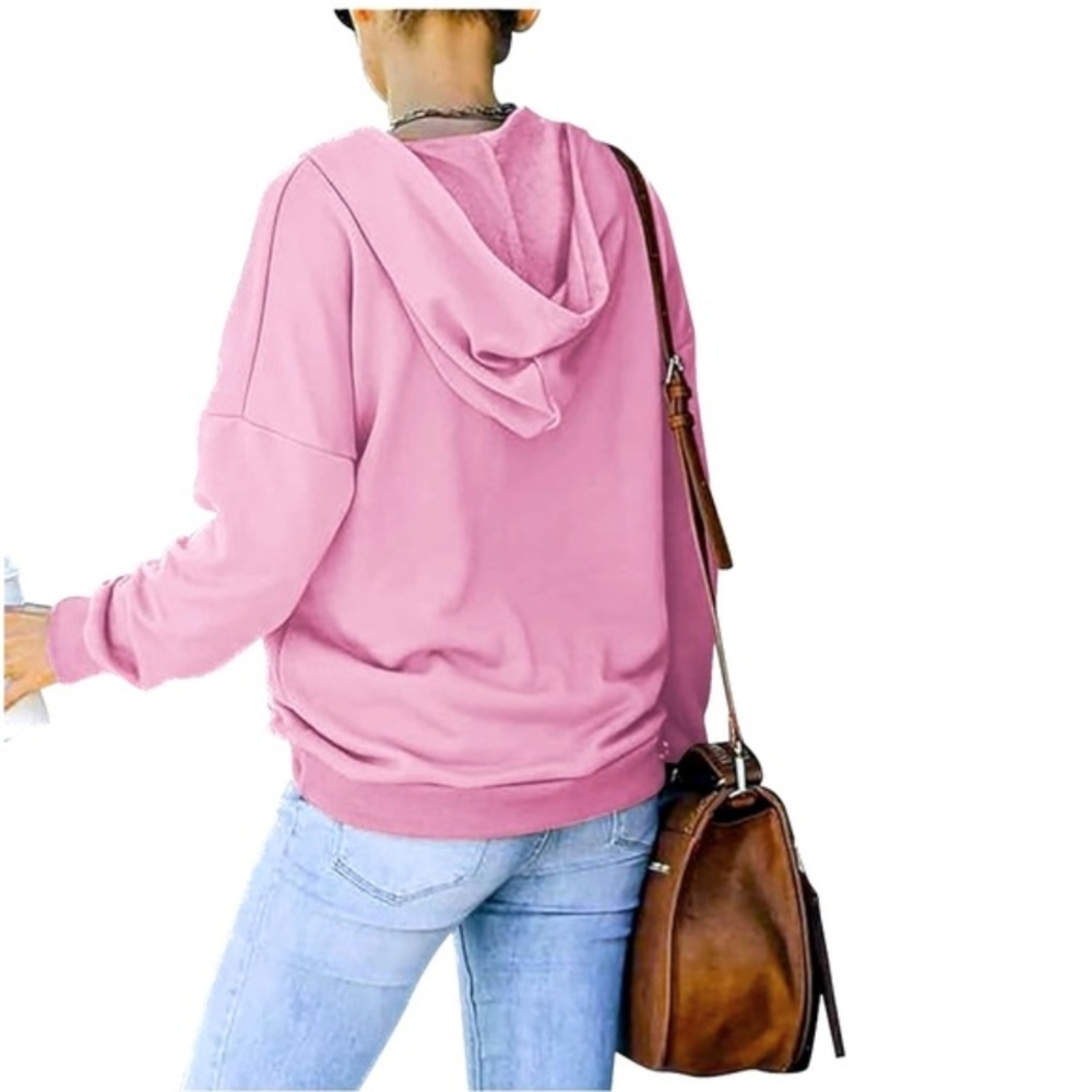 Pink Hooded Half Button Drop Shoulder Long Sleeve Pullover Sweatshirt - Picture 3 of 9